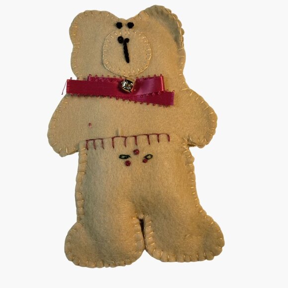 Felt Teddy Bear Christmas Ornament Ribbon Bell Handmade - Picture 1 of 3